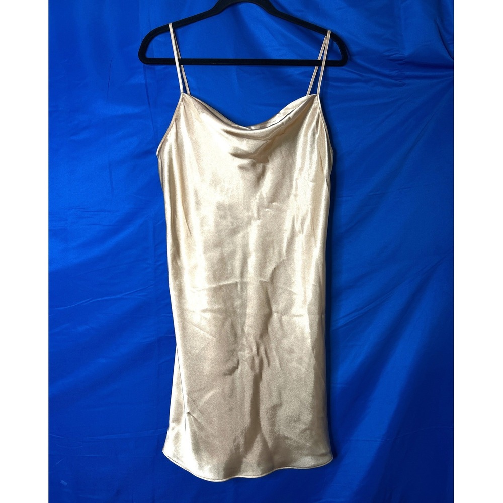 Womens Gold Champagne Satin Midi Slip Dress Sz M Delicate Evening Elegant Glam